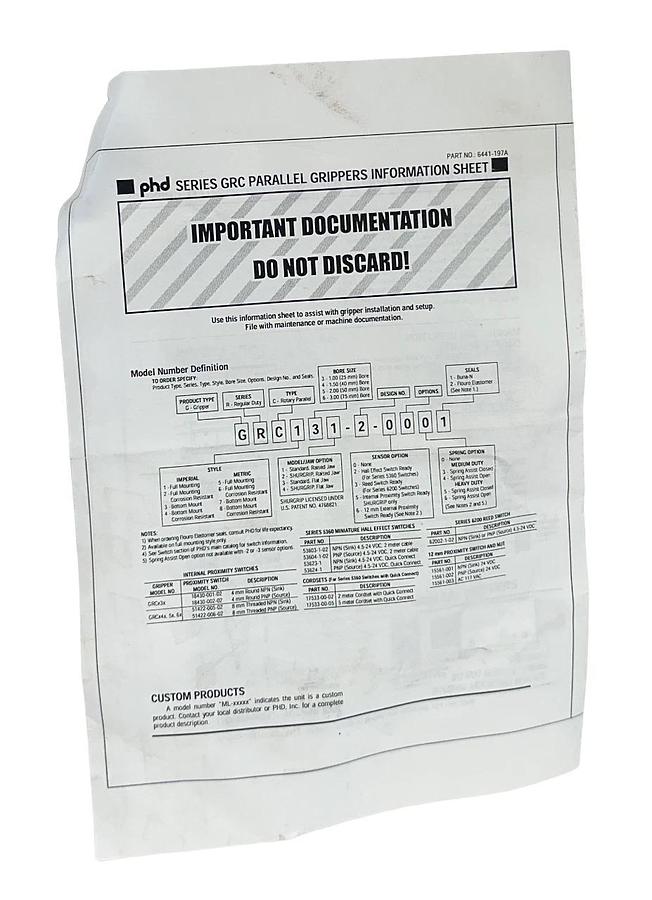 PHD INC GRC131-2-2001 / GRC13122001 SERIES GRC PARALLEL GRIPPER HALL SWITCH NSNP