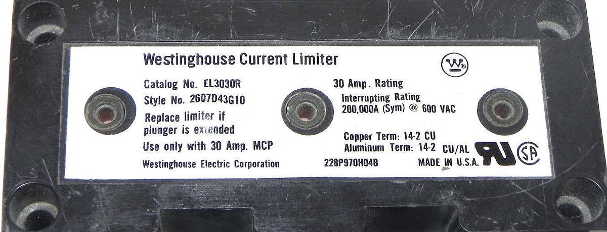 Used WESTINGHOUSE HMCP007C0 CIRCUIT BREAKER 7AMP W/ EL3030R CURRENT LIMITER 30AMP 3P