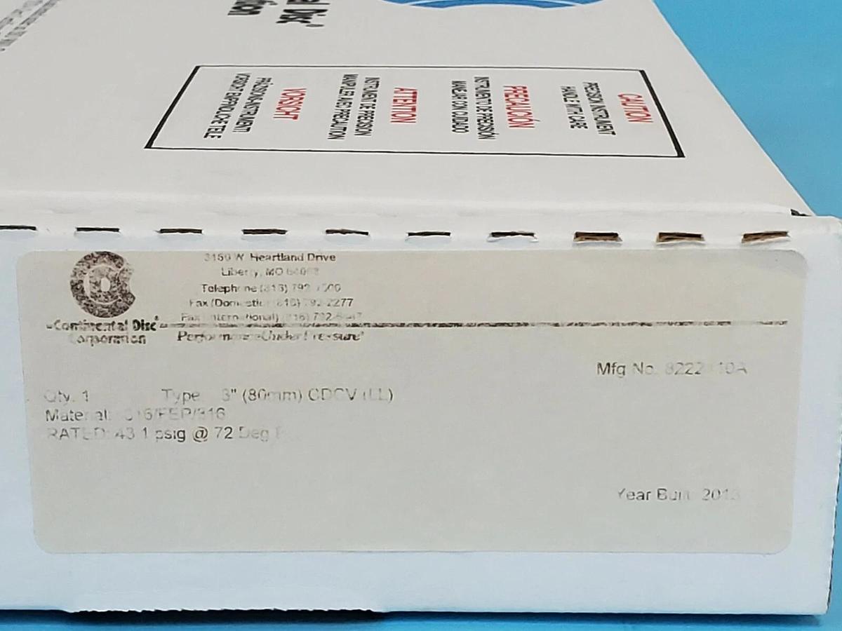 Used NIB CONTINENTAL DISC CORP. 8222410A TYPE: 3'' 80mm CDCV (LL) RUPTURE DISC