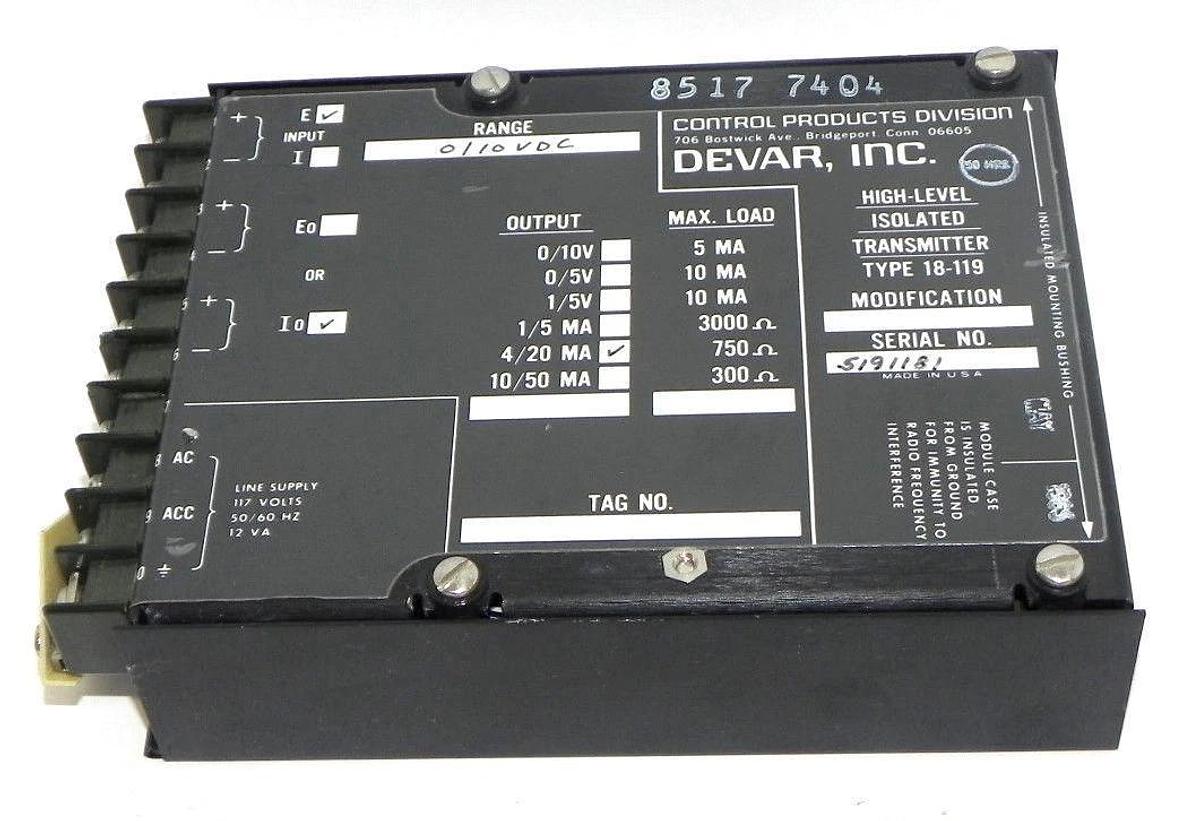 Used DEVAR 18-119 HIGH-LEVEL ISOLATED TRANSMITTER 18119