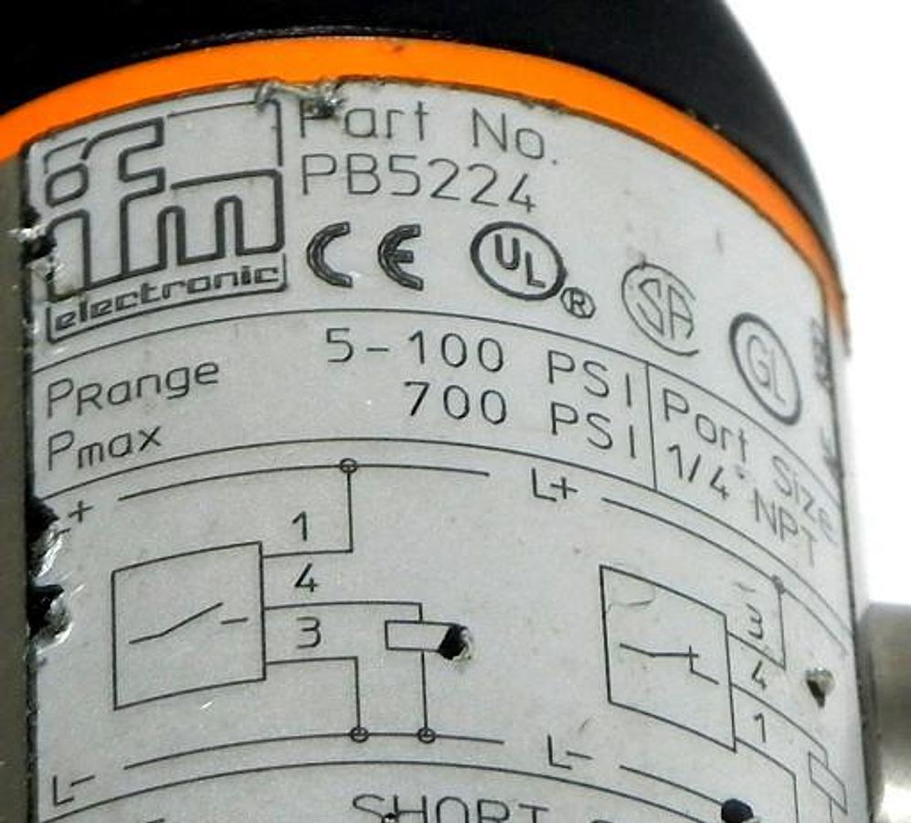 Used IFM EFECTOR PB5224 PRESSURE SWITCH LIQ/GAS 0-100PSI 1/4" NPT