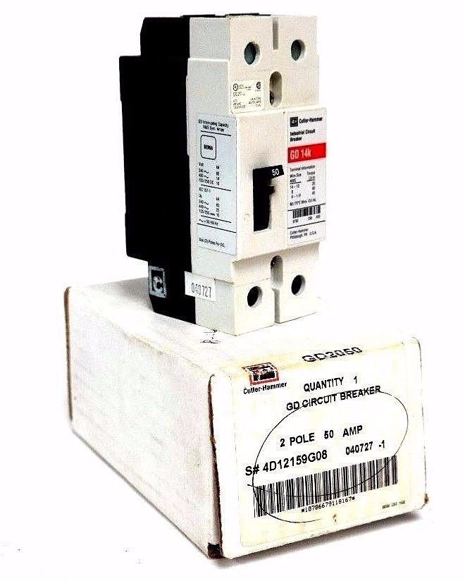 NIB CUTLER HAMMER GD2050 CIRCUIT BREAKER, GD 14K, 2POLE, 50AMP, 4D12159G08 GD14K