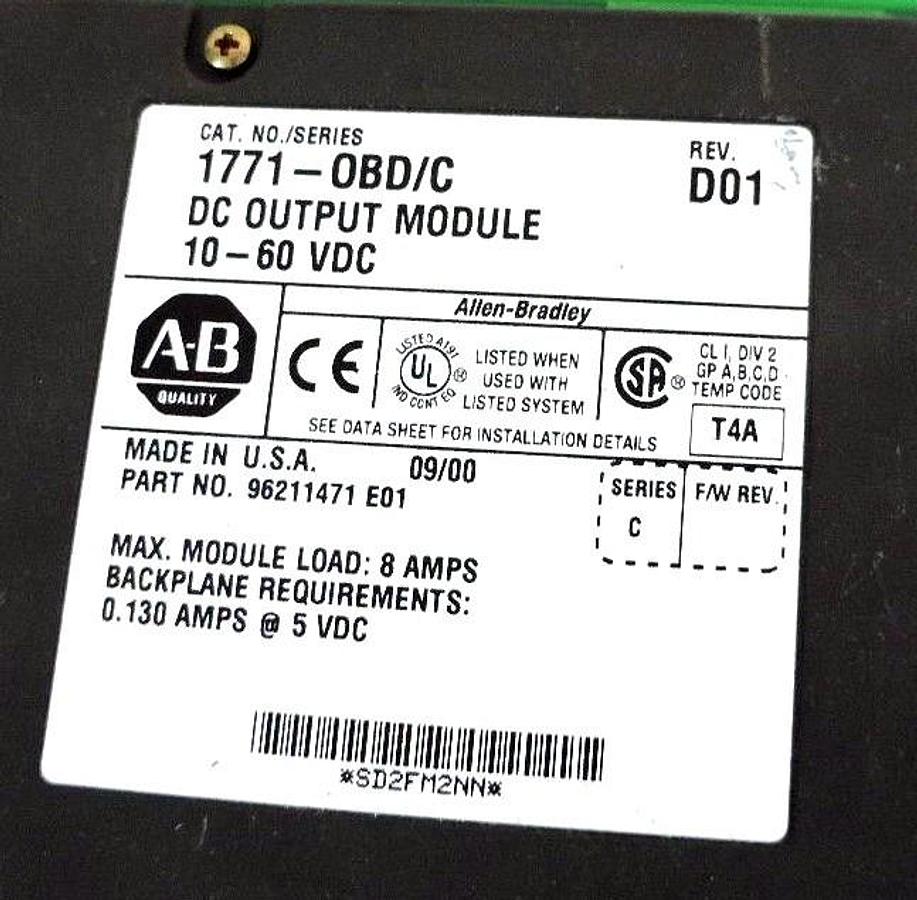 Used ALLEN BRADLEY 1771-OBD/C REV. D01 DC OUTPUT MODULE 10-60 VDC 1771OBD REV. E01