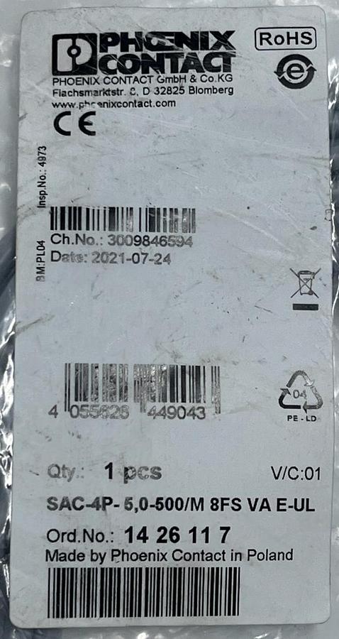 Phoenix Contact 1426117 SAC-4P-5,0-500/M 8FS VA E-UL Sensor/Actuator Cable 5m M8