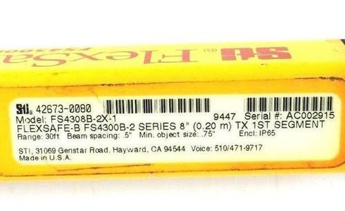 Used STI FLEXSAFE B FS4300B-2 8" LIGHT CURTAIN TRANSMITTER FS4308B-2X-1 42673-0080