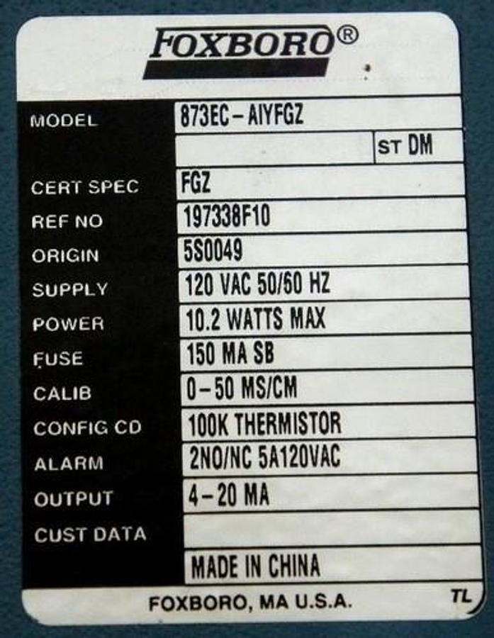 Used FOXBORO 873EC-AIYFGZ CONDUCTIVITY ANALYZER REF. NO. 197338F10, 873ECAIYFGZ