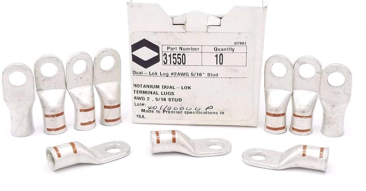 Used BOX OF 10 NEW ROTANIUM DUAL-LOK 31550 TERMINAL LUGS 5/16 STUD, AWG 2