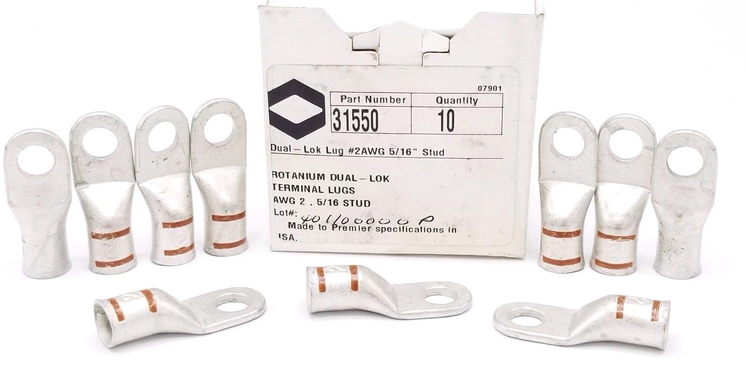 Used BOX OF 10 NEW ROTANIUM DUAL-LOK 31550 TERMINAL LUGS 5/16 STUD, AWG 2