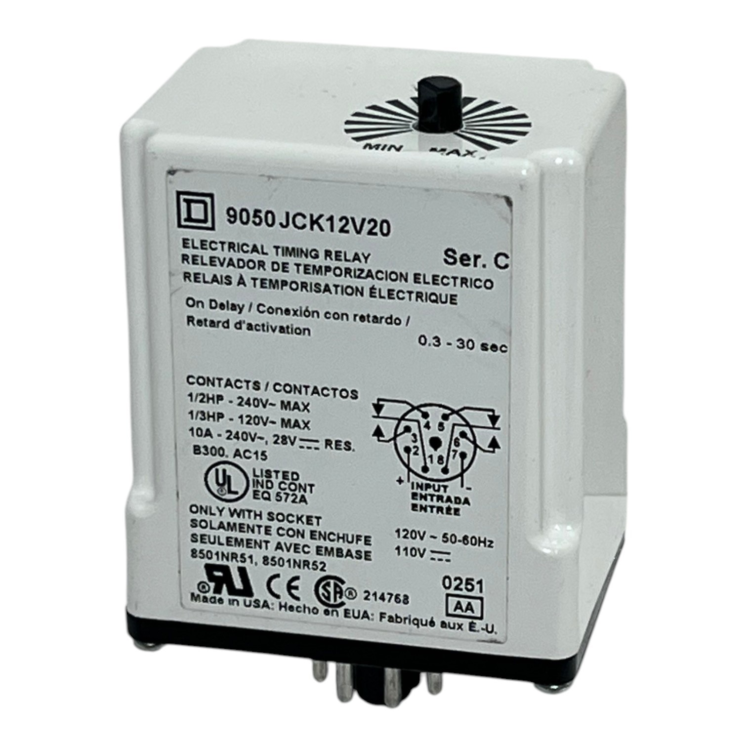 Used Square D 9050JCK12V20 Electrical Timing Relay 120V On Delay New Surplus
