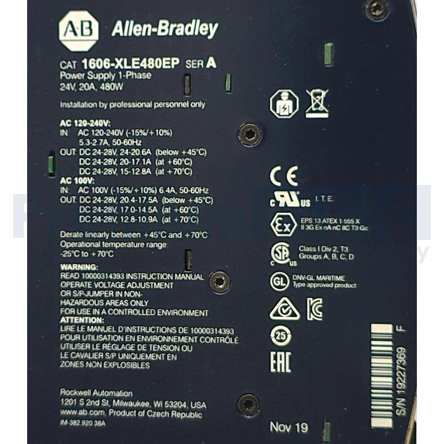 ALLEN BRADLEY 1606-XLE480EP /A POWER SUPPLY IN-100/240V OUT- DC 24-28V, 20A NSMP 884951878754