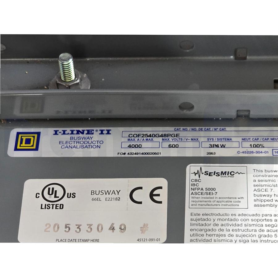 Used Square D COF2540G48PGE I-Line II Feeder Busway Straight 600VAC 4000A 3Ph 4W NEW