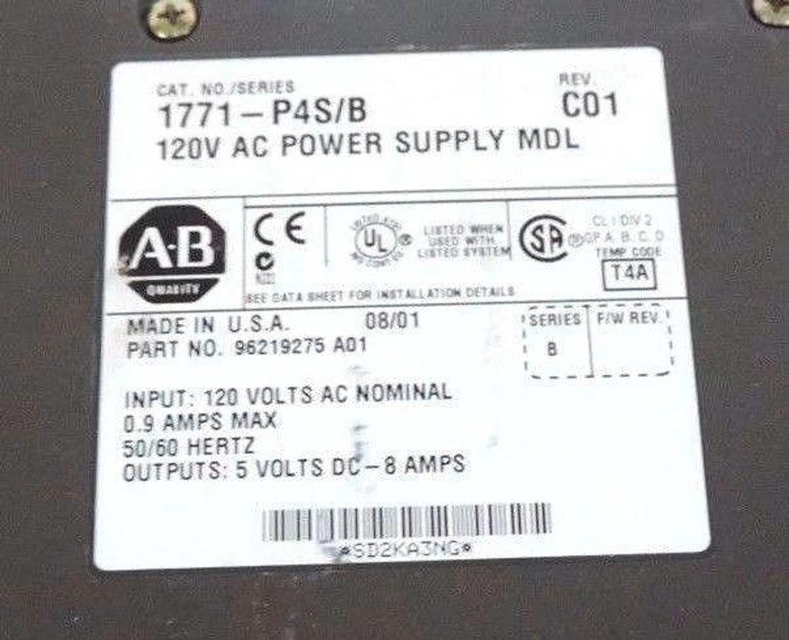 Used ALLEN BRADLEY 1771-P4S/B POWER SUPPLY 120V AC REV. C01 P/N: 96219275 A01