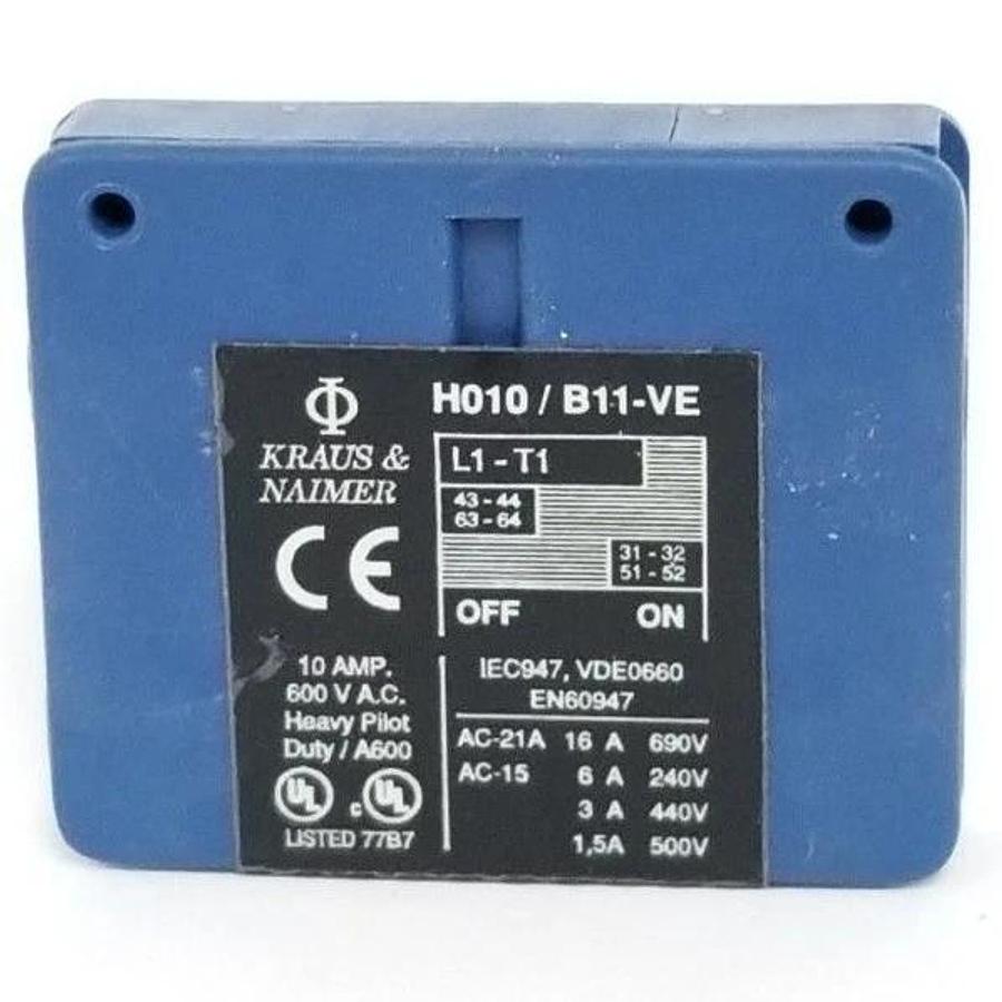 Used KRAUS & NAIMER H010/B11-VE AUXILIARY CONTACT 10A, 600VAC