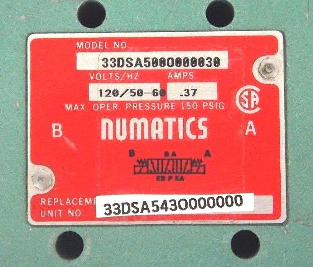 Used NUMATICS 33DSA500O000030 PNEUMATIC VALVE 120V, 50/60HZ, 0.37 AMP