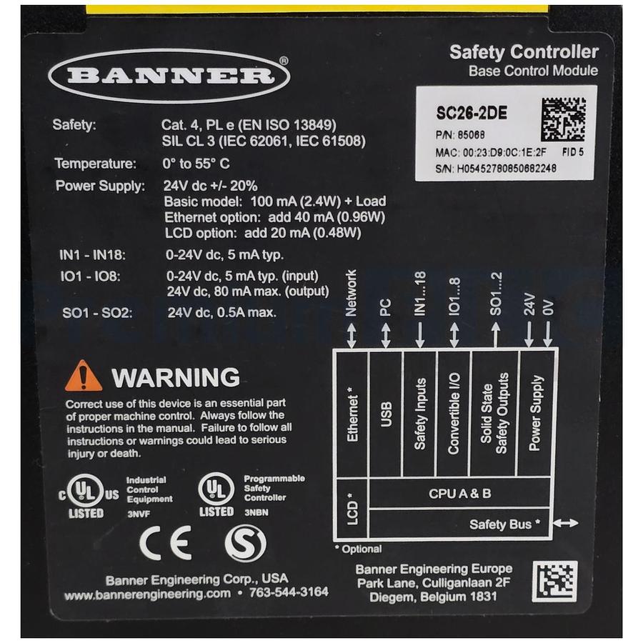 Used BANNER SC26-2DE SC26 SAFETY CONTROLLER BASE CONTROL MODULE P/N 85068 NUPI