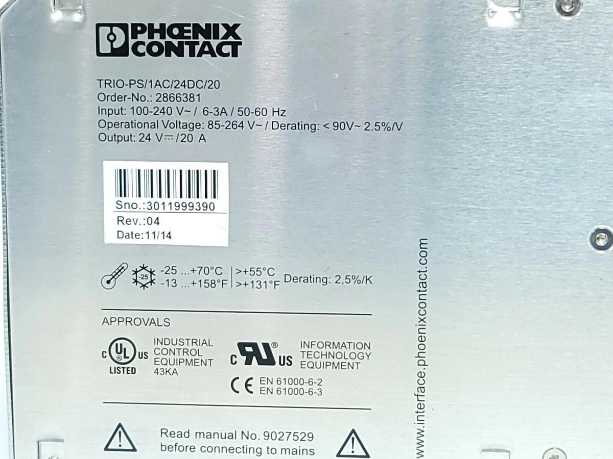 Used PHOENIX CONTACT TRIO-PS/1AC/24DC/20 POWER SUPPLY 2866381 OUTPUT: 24 V DC/20 A