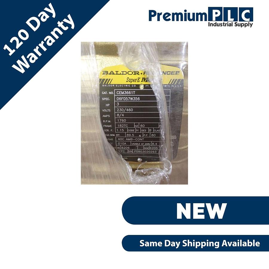 Used NEW BALDOR RELIANCE / ABB CEM3661T SUPER-E MOTOR 3HP, 1760RPM, 3PH, 60HZ, 182TC