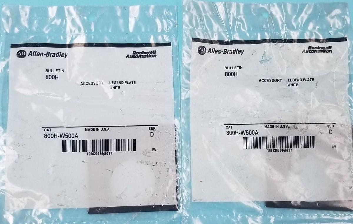 Used LOT OF 2 ALLEN BRADLEY 800H-W500A LEGEND PLATE WHITE SER. D, 800HW500A