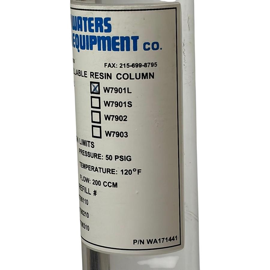 Used Lot of 2 Waters Equipment W7901L Refillable Resin Ion Exchange Columns