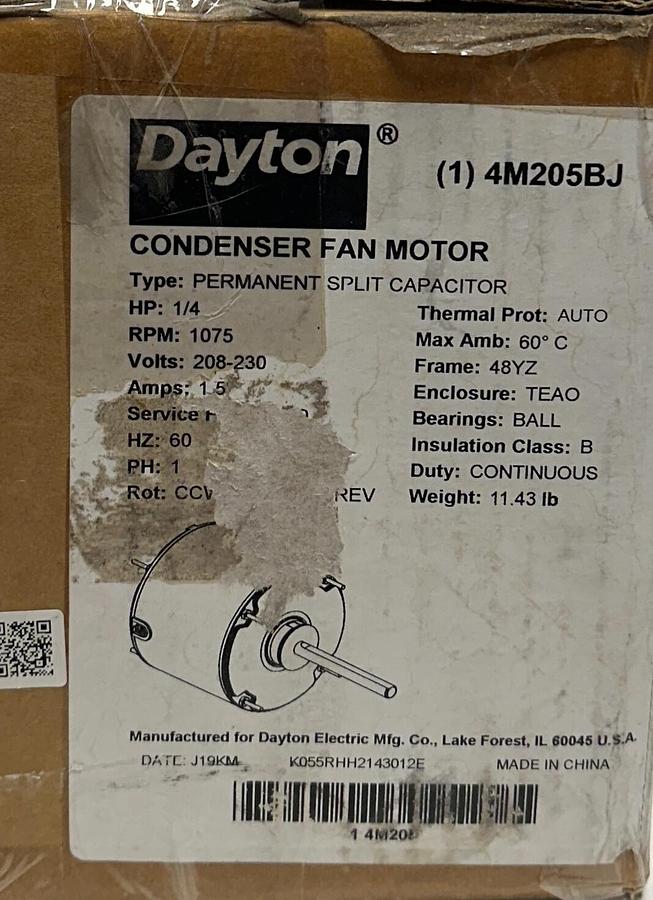 Used DAYTON 4M205BJ PERMANENT SPLIT CAPACITOR CONDENSER FAN MOTOR 1/4HP 208-230V NSMP