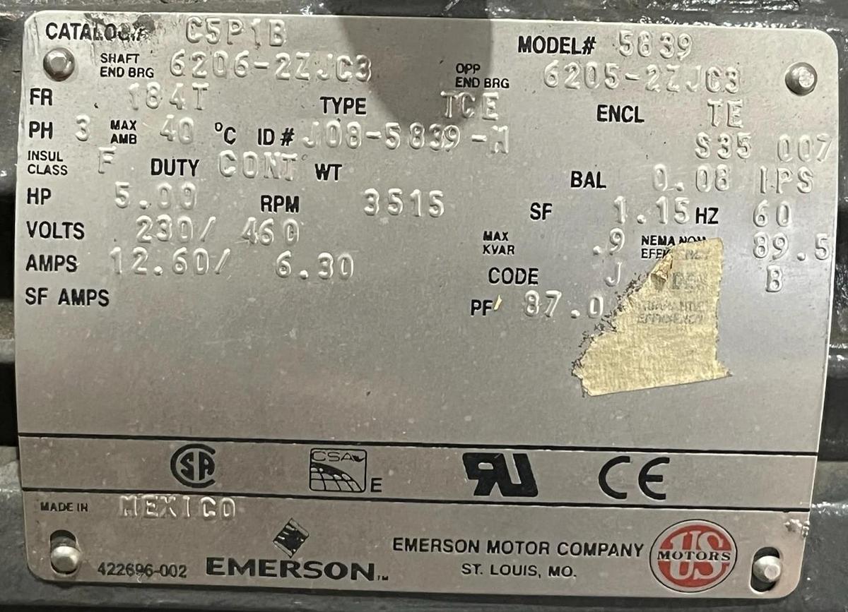 Emerson 5HP AC Motor 3515 RPM 230/460V Frame 184T Type TCE TEFC C5P1B 5839
