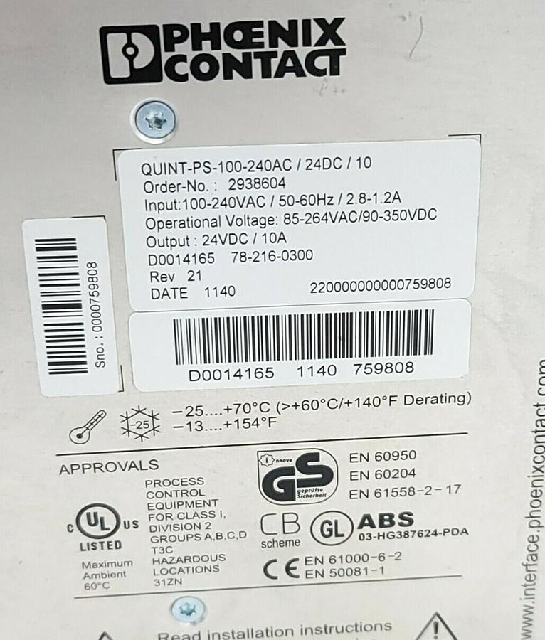 Used PHOENIX CONTACT QUINT-PS-100-240AC/24DC/10 POWER SUPPLY ORDER NO. 2938604