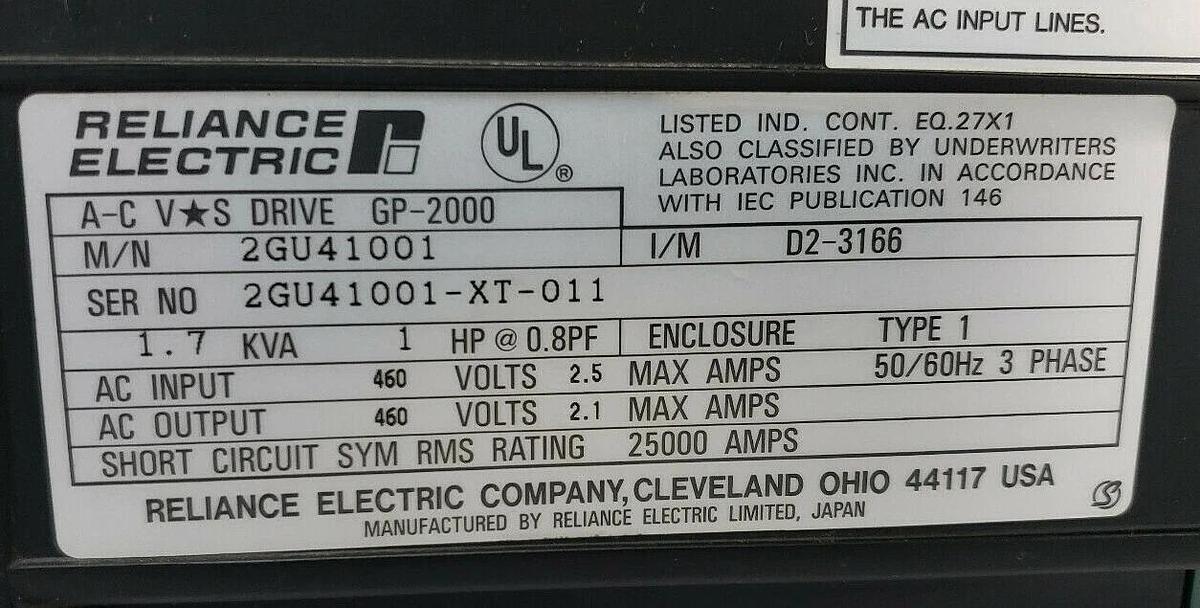 Used RELIANCE ELECTRIC 2GU41001 GP-2000 AC VS DRIVE, 1.7KVA, 1HP, 3 PHASE