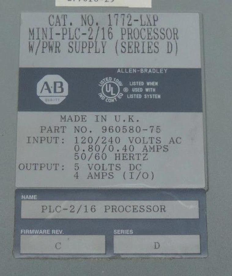 Used ALLEN BRADLEY 1772-LXP MINI-PLC-2/16 PROCESSOR W/PWR SUPPLY SER. D, F/W REV. C
