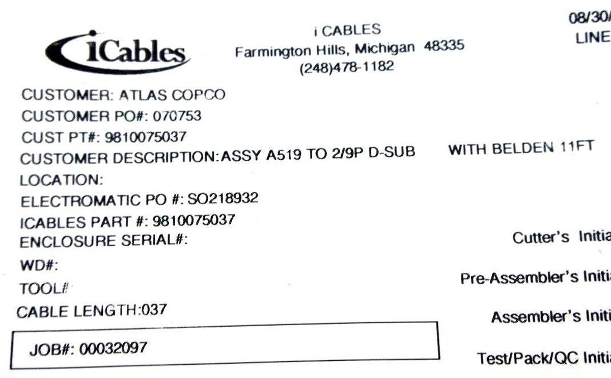 Used NEW ATLAS COPCO 9810075037 CABLE ASSEMBLY A519 TO 2/9PP
