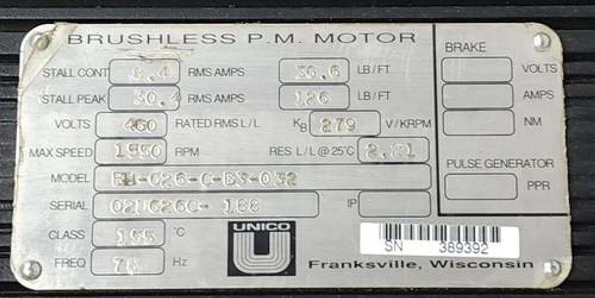 Used REPAIRED UNICO KOLLMORGEN BH-626-C-B3-032 GOLDLINE BH SERVO MOTOR BH626CB3032
