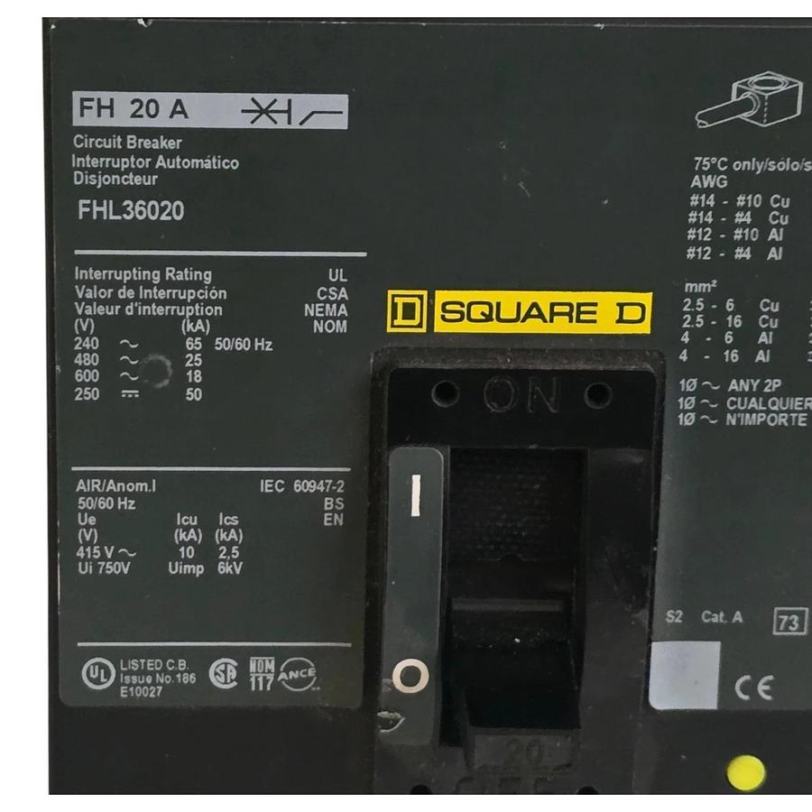 Square D FHL36020 Molded Case Circuit Breaker | 20A 3-Pole 600V F-Frame NSNP