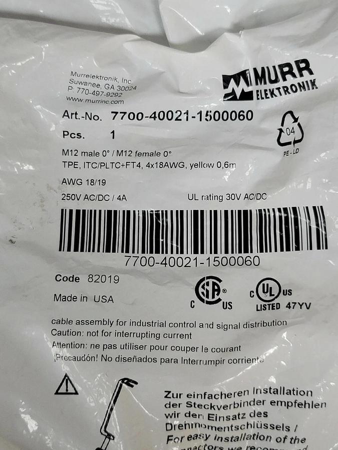 Used NEW MURR ELEKTRONIX 7700-40021-1500060 M12 MALE 0° / M12 FEMALE 0° CORDSET