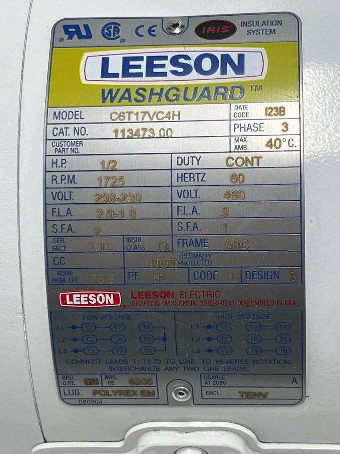 Leeson Washguard 1/2 HP Electric Motor 113473.00 Model C6T17VC4H New Surplus