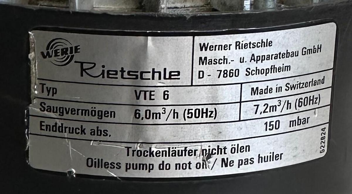 Used WERIE RIETSCHLE VTE6 / WB63B2STP / 105304 PICOLINO OILLESS ROTARY VACUUM PUMP