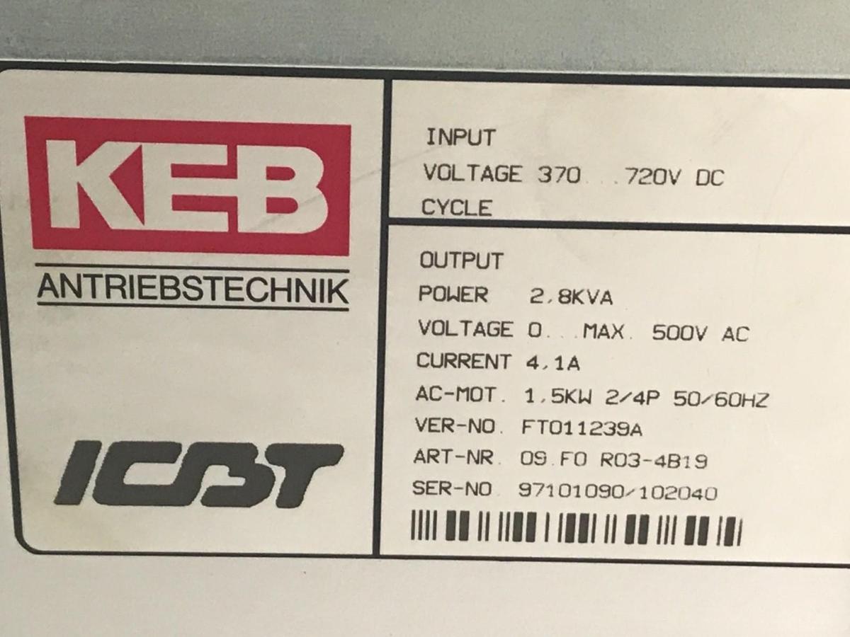 Used KEB 09 F0 R03-4B19 FREQUENCY INVERTER DRIVE 2.8KVA, 0-500VAC, 4.1A