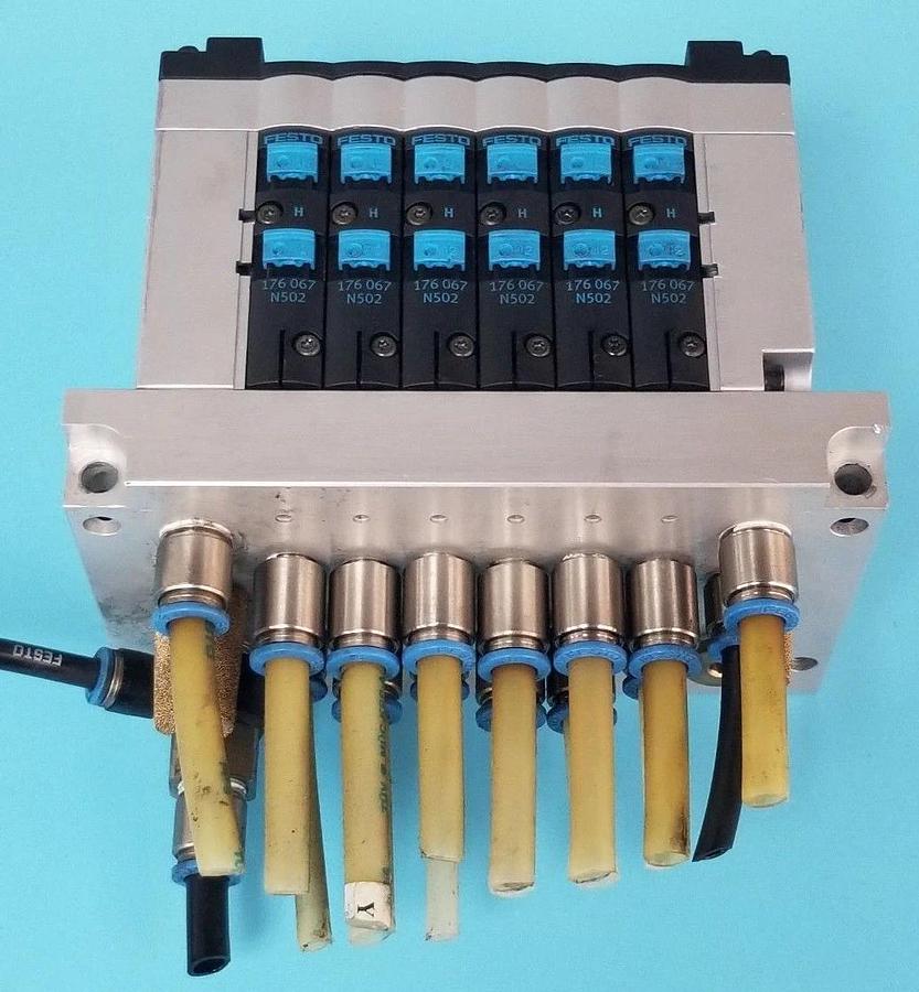 Used FESTO ELECTRIC CPV14-VI-F6-1/8-B BASE W/ (6) 176-067 SOLENOID VALVES N502 18210