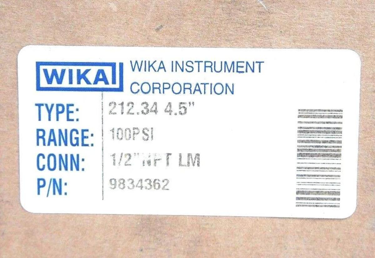 NIB WIKA 9834362 GAUGE TYPE 212.34 4.5" RANGE 100PSI CONN. 1/2" NPT