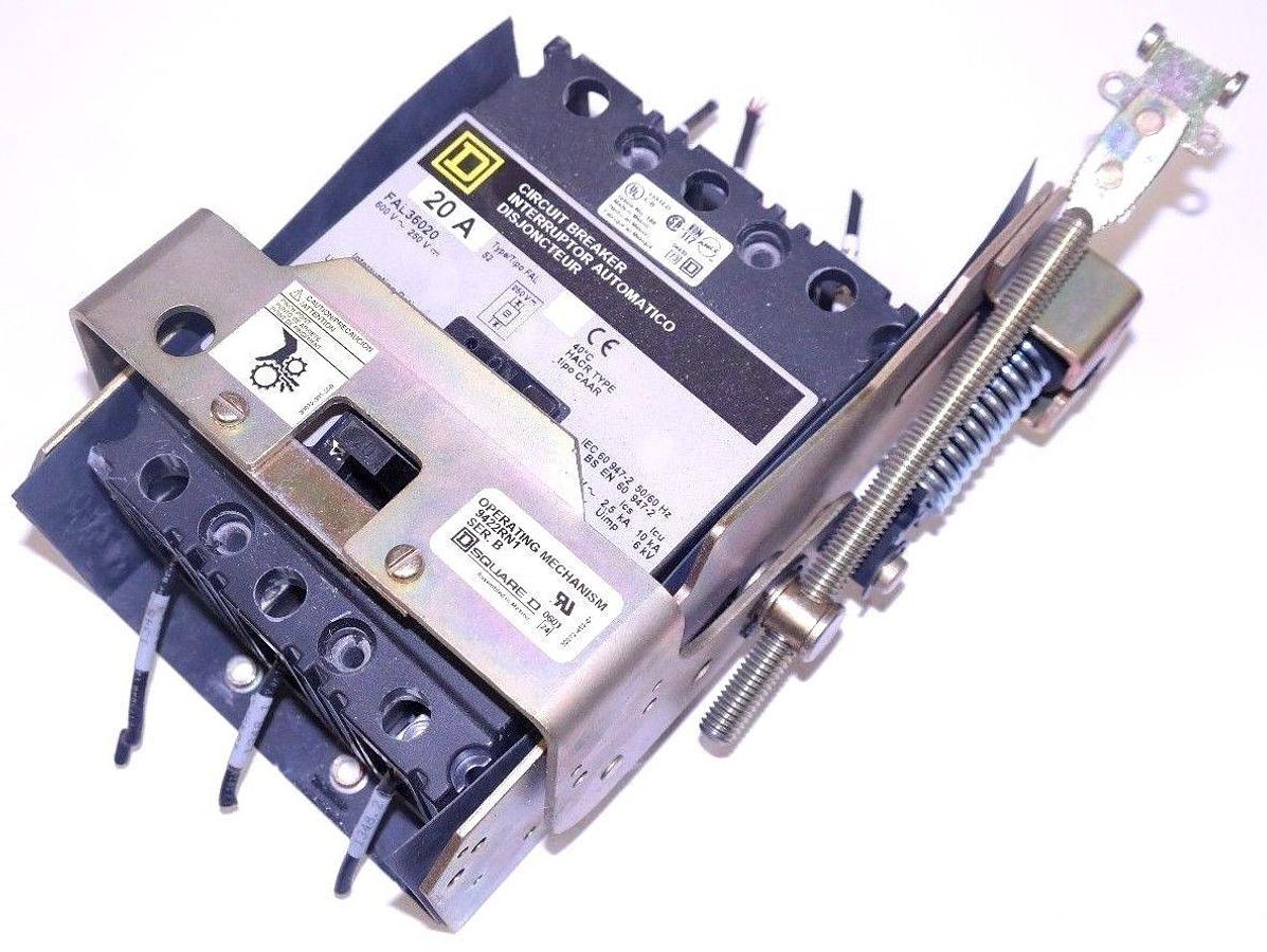 Used SQUARE D FAL36020 CIRCUIT BREAKER 20A 600V W/ 9422RN1 OPERATING MECHANISM SER. B