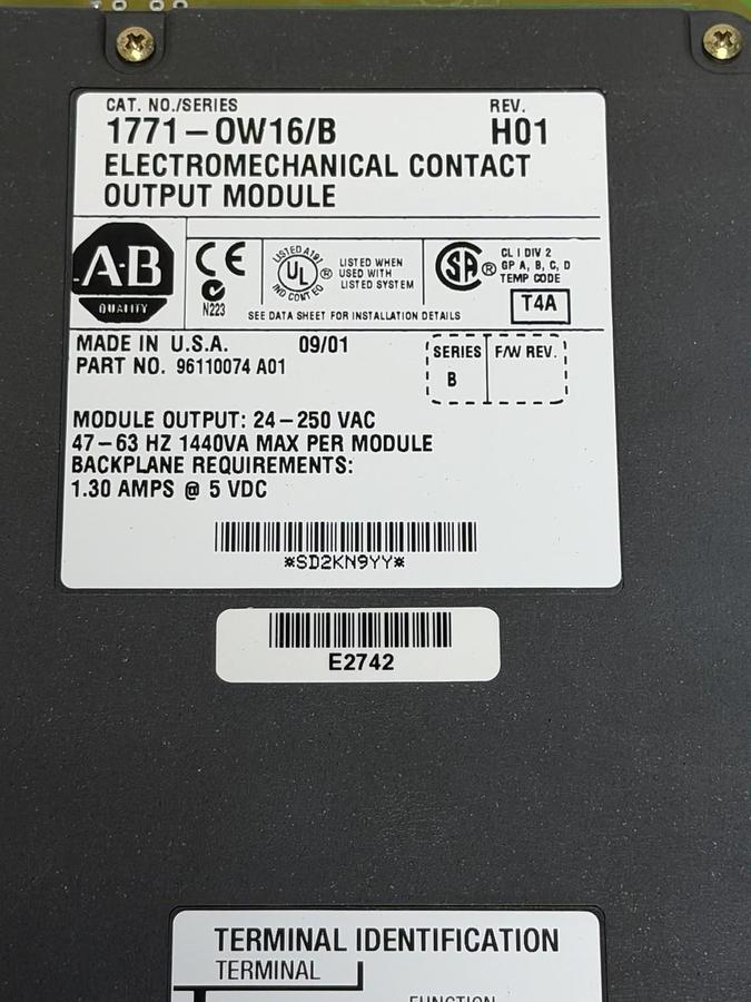 Used ALLEN BRADLEY 1771-OW16 /B REV. H01 ELECTROMECHANICAL CONTACT OUTPUT MODULE