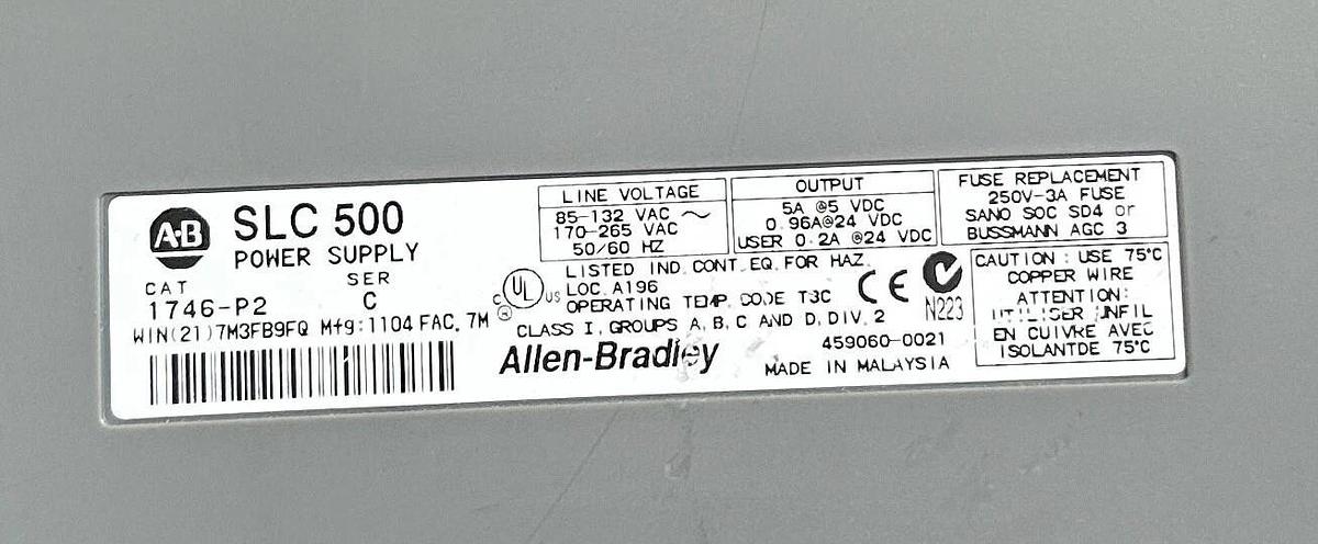 Used ALLEN BRADLEY 1746-P2 /C SLC 500 POWER SUPPLY W/ 1746-A7 /B 7-SLOT PLC CHASSIS