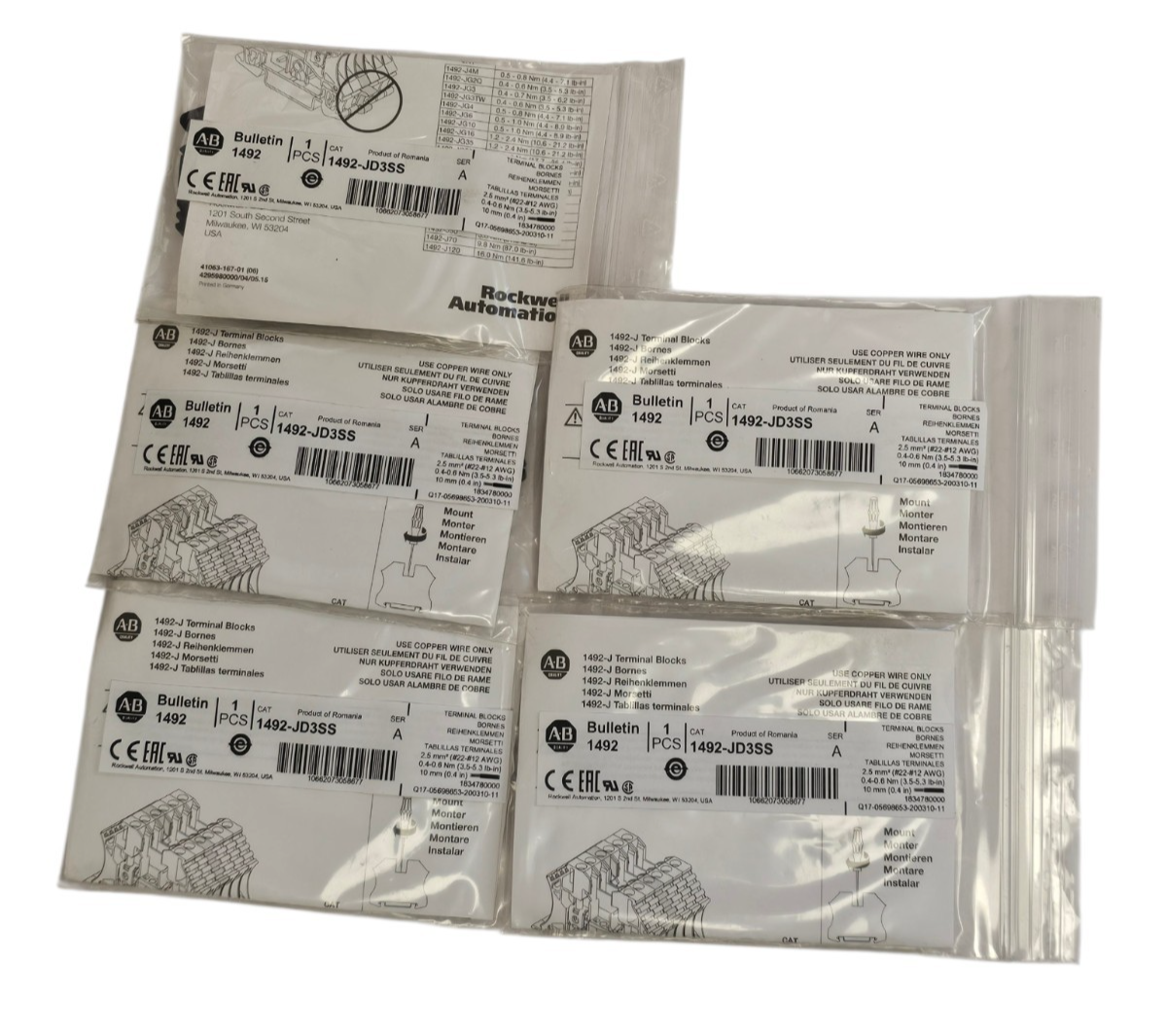LOT OF 5 NEW ALLEN BRADLEY 1492-JD3SS TERMINAL BLOCKS 1492JD3SS SER. A