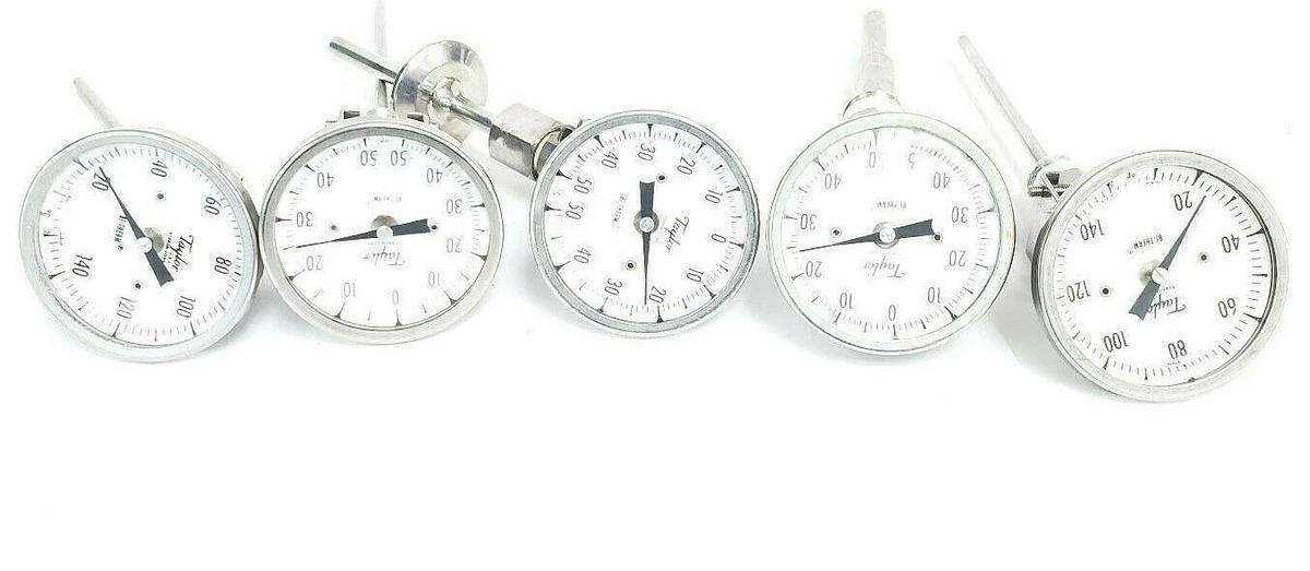 Used LOT OF 5 TAYLOR BI-THERM THERMOMETERS -50-50DEG C & 20-120DEG C, VARIOUS LENGTHS