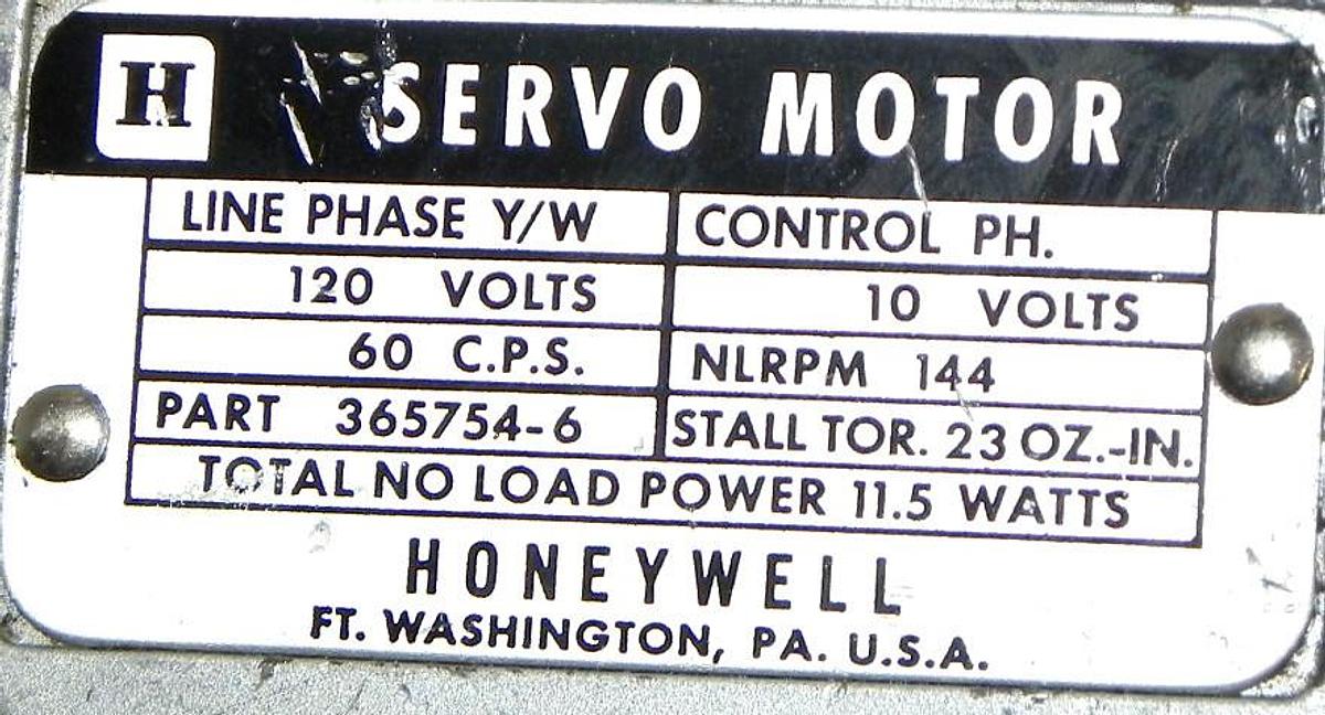 Used HONEYWELL 365754-6 SERVO MOTOR 3657546, 120V 60CPS 11.5W GEAR RATIO 10:1