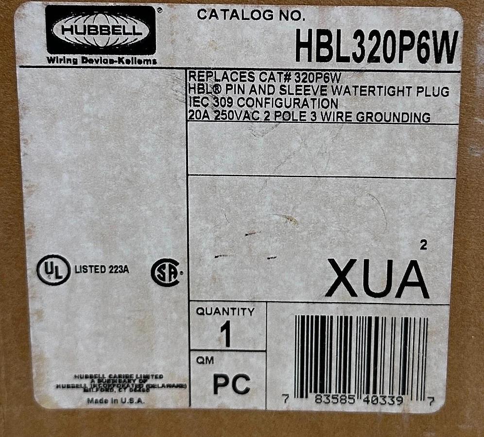 NEW HUBBELL HBL320P6W / 320P6W HBL PIN AND SLEEVE WATERTIGHT PLUG IEC 309 250Vac