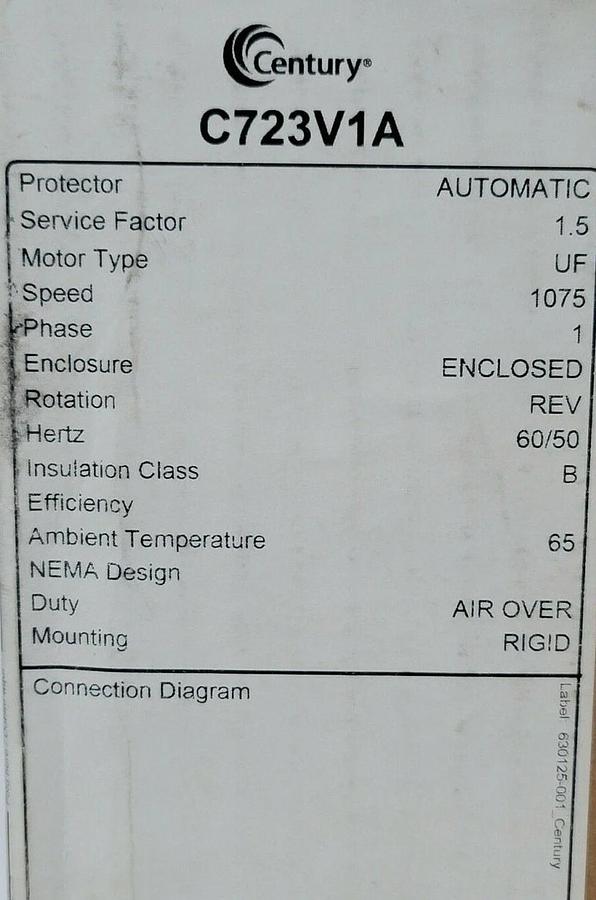Used NIB CENTURY C723V1A MOTOR 1/3HP, 115/200-230V, FRAME: F48Y