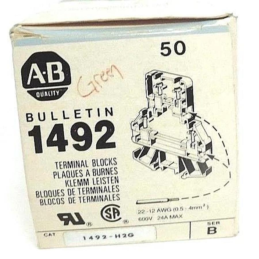 BOX OF 25 NEW ALLEN BRADLEY 1492-H2G SER. B GREEN TERMINAL BLOCKS 1492H2G