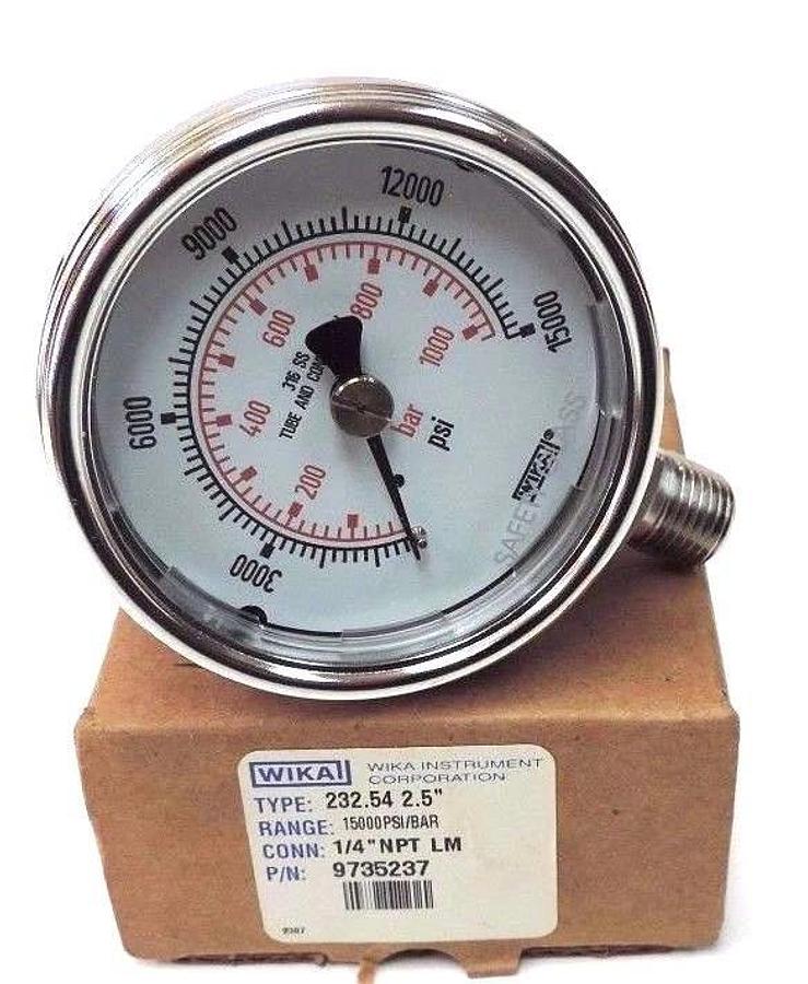 Used NIB WIKA TYPE: 232.54 2.5'' GAUGE P/N: 9735237, 1/4'' NPT LM, RANGE 15000PSI/BAR