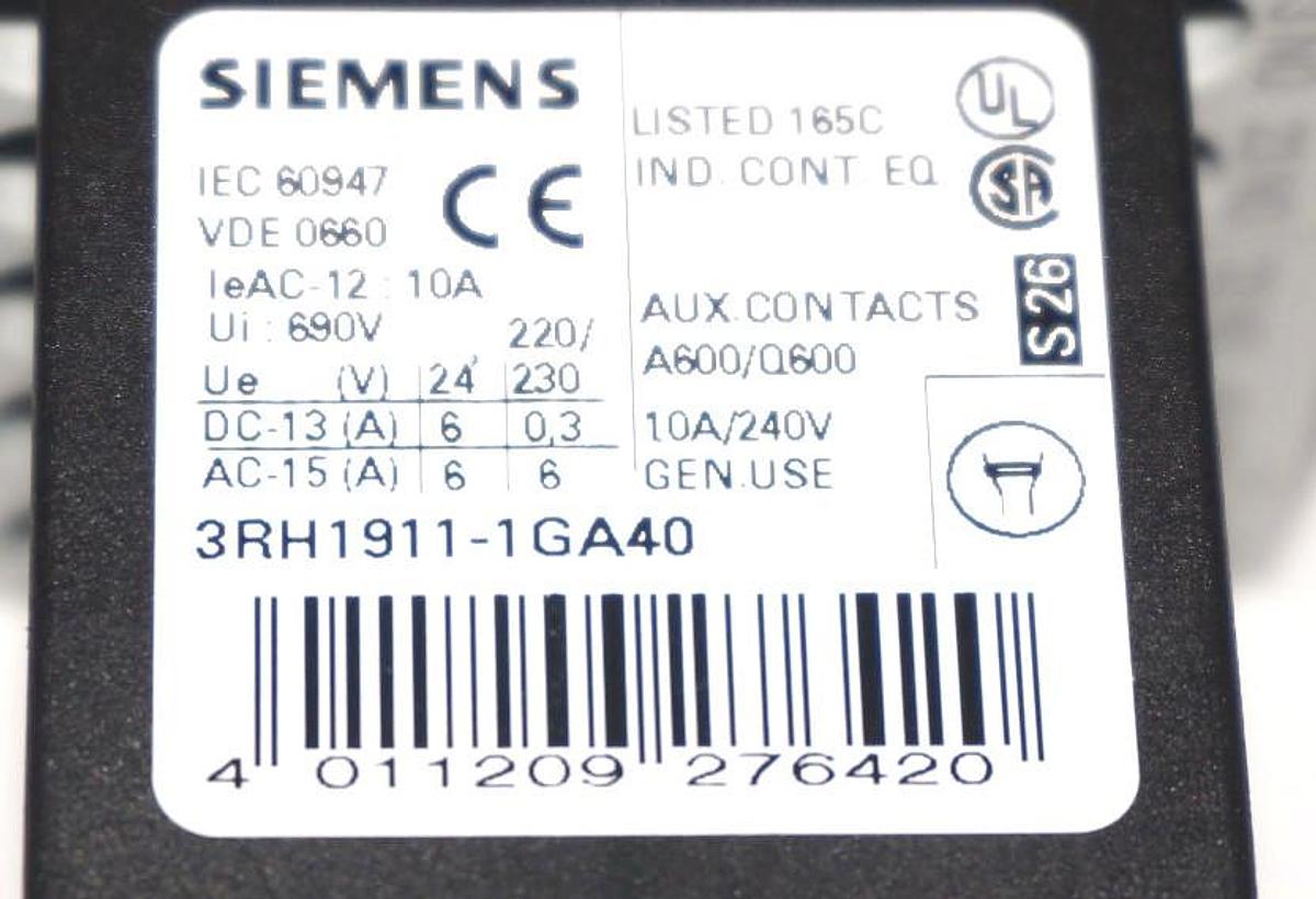 Used SIEMENS 3RH1140-1BB40 CONTACTOR W/3RH1911-1GA40 AND W/ 3RT1916-1BB00