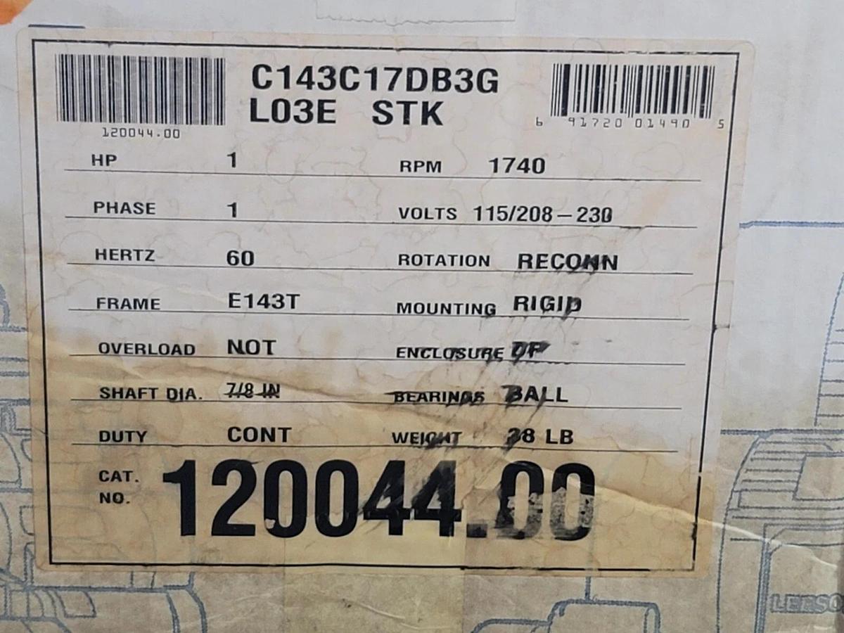 Used NEW LEESON 120044.00 1HP SINGLE PHASE AIR COMPRESSOR MOTOR 60Hz 12004400