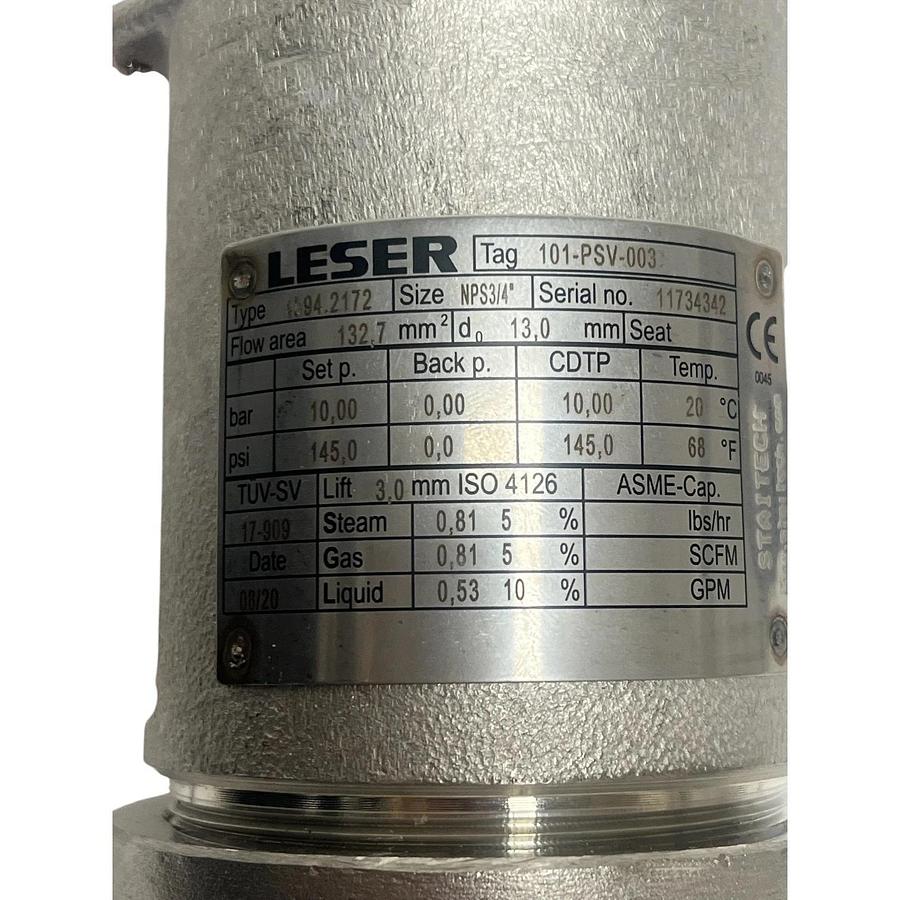 LESER 4594.2172 Safety Relief Valve 10 Bar 3/4" x 1" 316L SS New Surplus w/ Tag